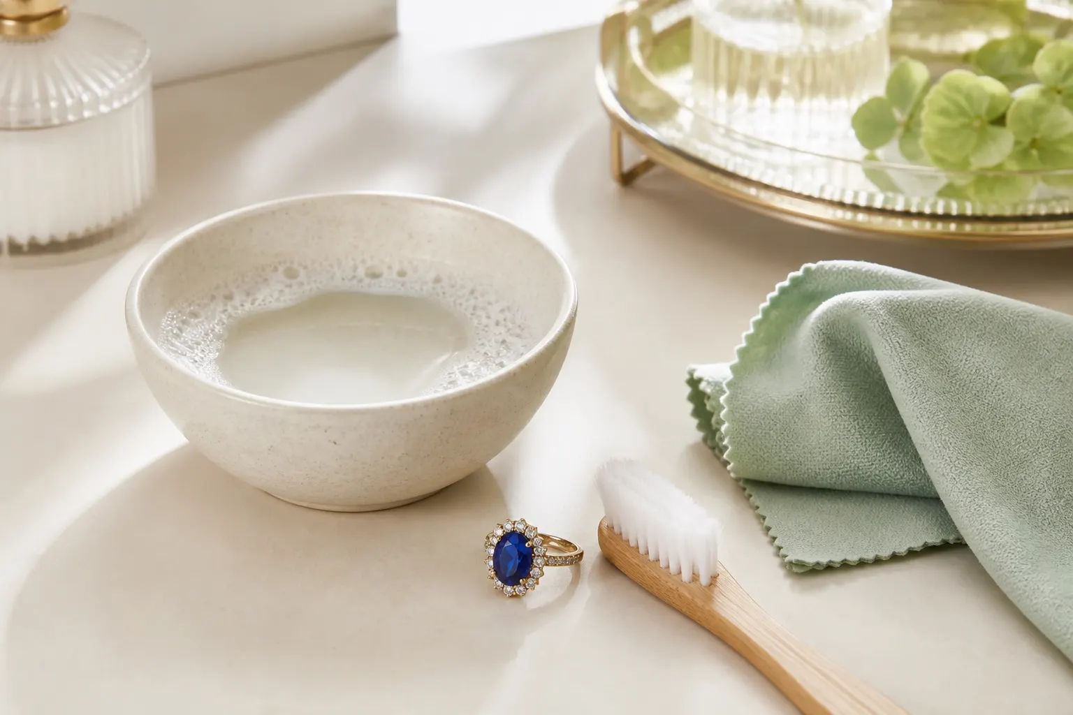 Sapphire ring with mild soapy water, soft brush, and lint-free cloth