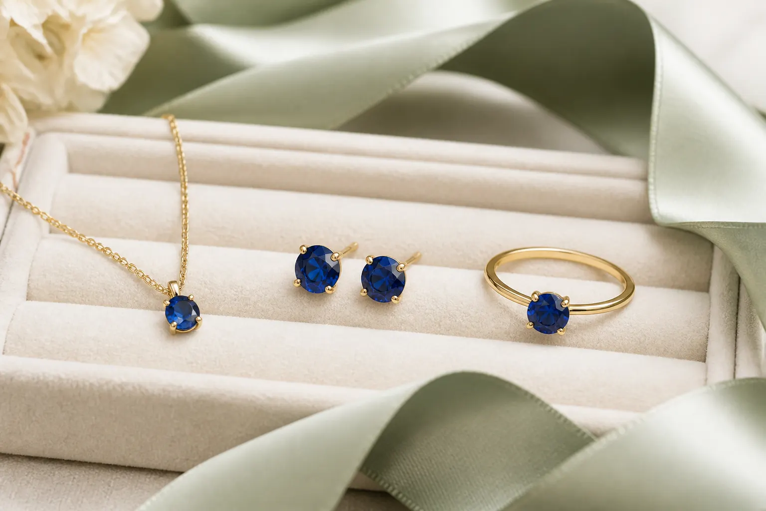A blue sapphire pendant, stud earrings, and solitaire ring in yellow gold