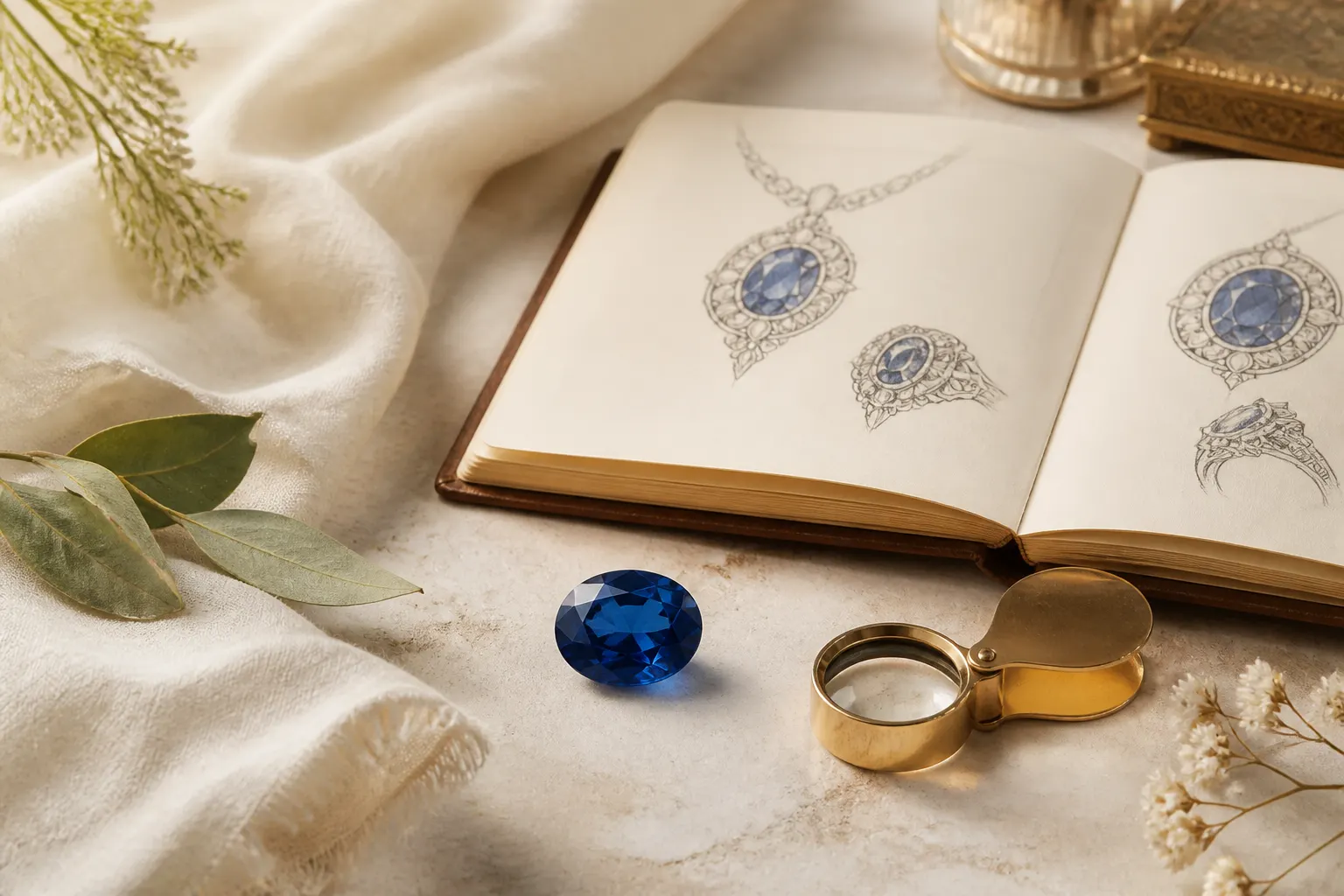 Blue sapphire beside jewelry sketches and a jeweler loupe