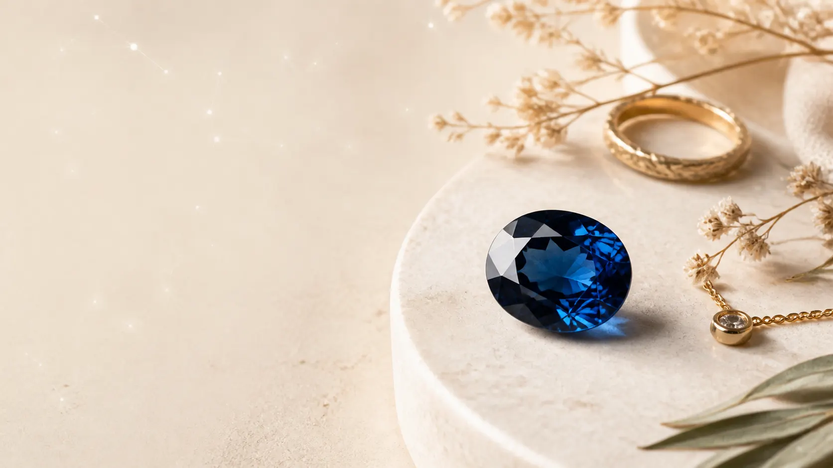 Deep blue sapphire and gold jewelry on an ivory surface